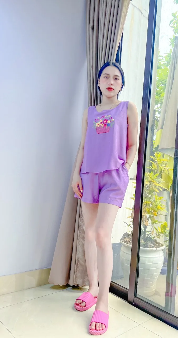 Bộ đũi xước nữ VARIO, áo sát nách quần short in họa tiết phong cách trẻ trung VB23-05 - Ảnh 3