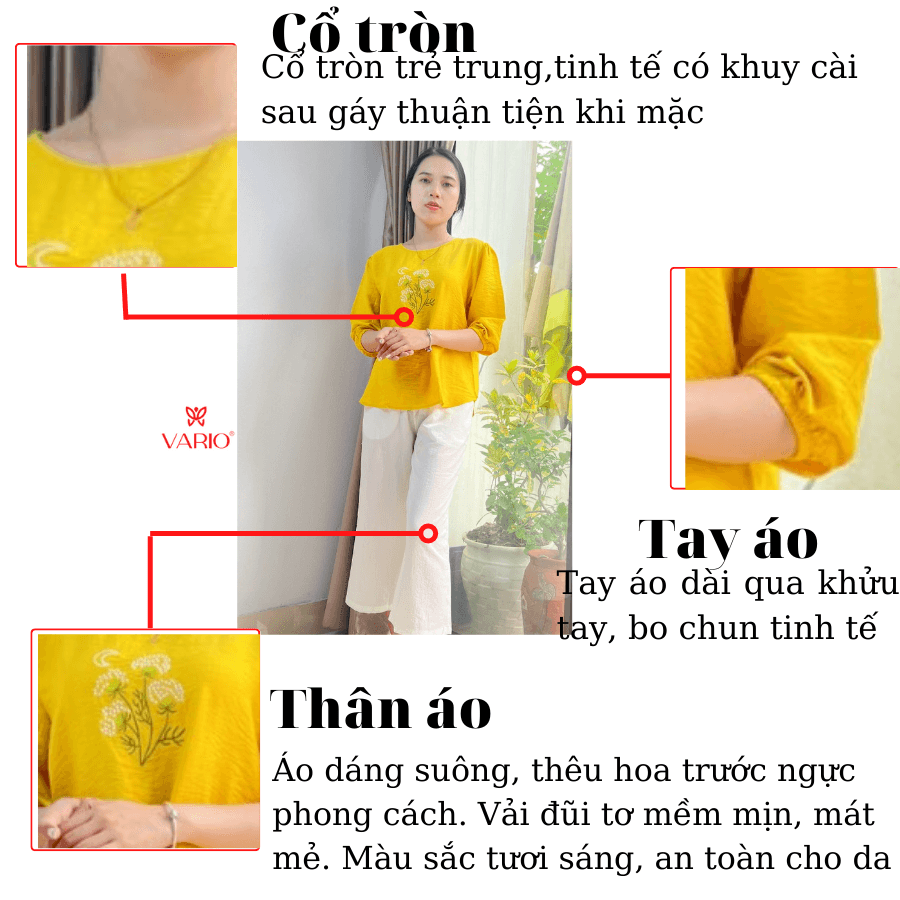 Áo kiểu nữ VARIO họa tiết thêu hoa tay lỡ dành cho chị em u40 vải đũi tơ mềm mịn VT23-09 - Ảnh 7
