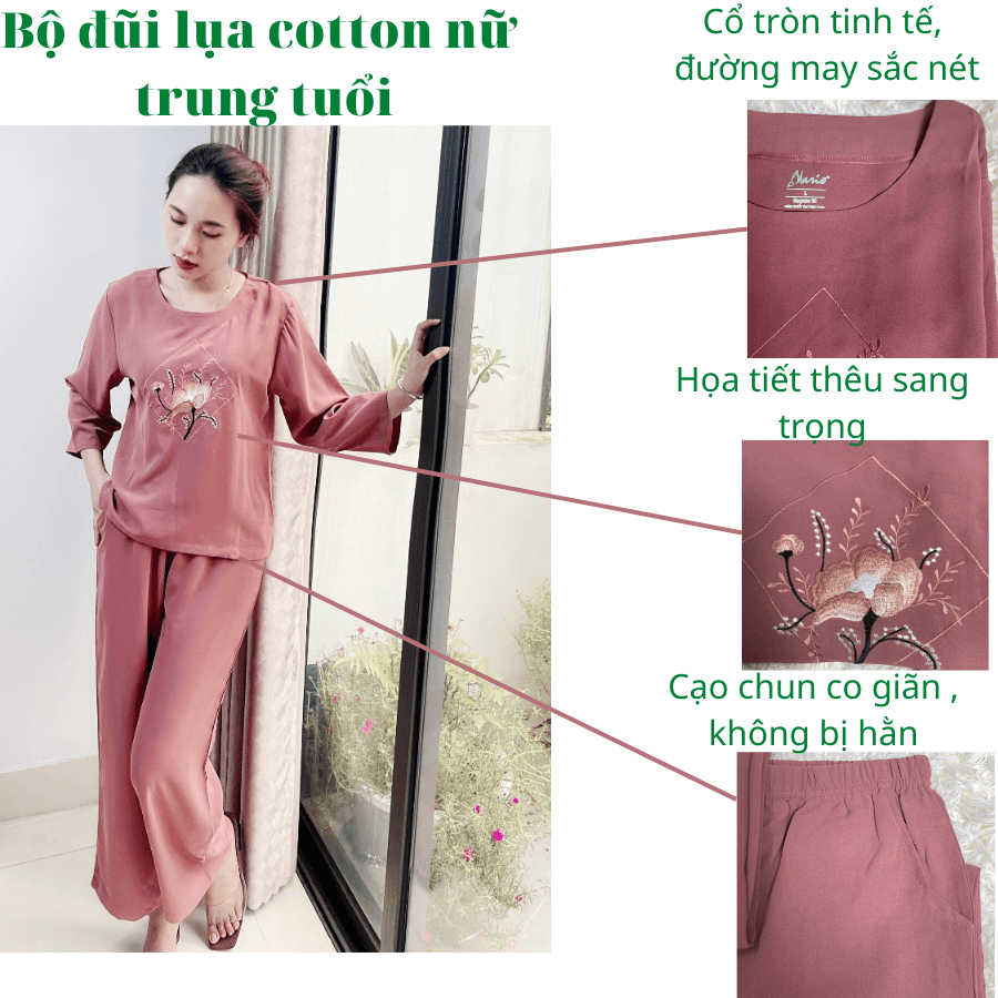 Bộ đũi lụa nữ trung tuổi VARIO cotton họa tiết thêu tinh tế VB22-09 - Ảnh 3