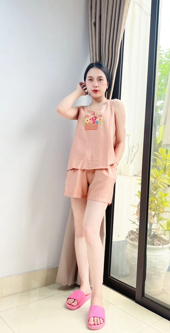 Bộ đũi xước nữ VARIO, áo sát nách quần short in họa tiết phong cách trẻ trung VB23-05 - Ảnh 2