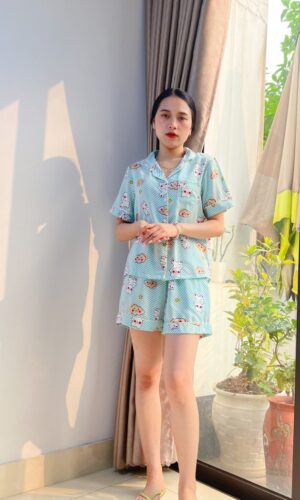 Bộ Pyjama lụa hàn VARIO mặc nhà in hình con giống áo ngắn  quần short phối viền VB23-17
